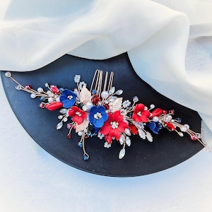 Rot-marineblaue Blumen Hochzeit Haarkamm. Roter Braut Haarkamm. Silberhochzeit Haarteil. Hochzeit Haarschmuck. Blumiger Haarkamm
