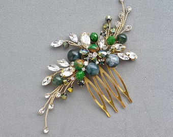 Moss agate bridal hair comb Green crystal hair comb Green rhinestone hair comb Gold Green hair comb wedding hair comb Moss agate hair clip