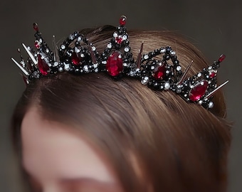 Red Crystal Spike Crown: Black Gothic Tiara, Handmade Headband