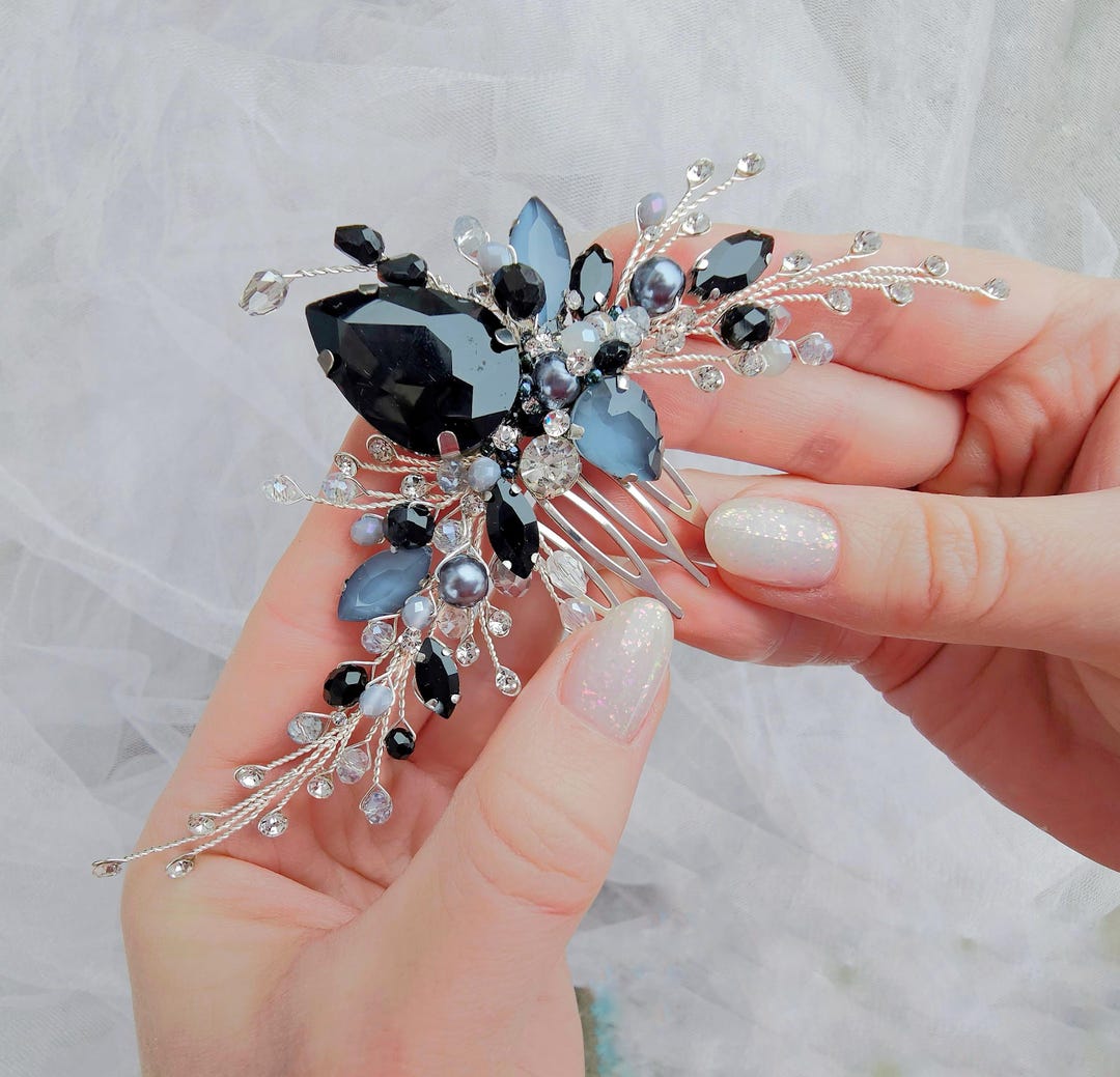 Black Crystal Comb Gothic Wedding Hair Piece Black Wedding Veil Gothic ...