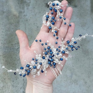 Navy blue hair comb Blue hair comb Wedding hair accessories Navy blue hair piece Silver and blue side hair comb Blue bridal comb