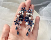 Navy blue earrings for bride Small sapphire earrings Crystal wedding earrings Golden silver dangle earrings with rhinestones Something blue
