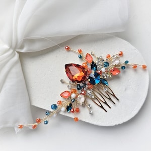 Burnt Orange Teal blue Crystal Hair Comb: Terracotta Wedding Hair Piece