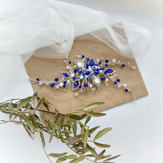 Pettine Per Capelli Da Sposa Con Cristalli Zaffiri - Design Elegante In Blu Perla E Foglia Marquise - Foto 10