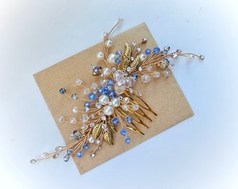 Gold Blue bridal hair comb Blue Crystal hair comb Wedding hair accessories Bridal hair vine Blue hair piece Silver and blue side hair comb