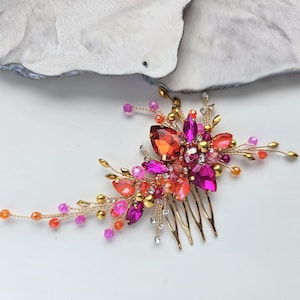 Fuchsia orange crystal hair comb, Hot pink orange bridal hair accessory, Gold hairpiece, Orange bridal hair comb, Fuchsia headpiece