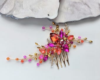 Fuchsia orange crystal hair comb, Hot pink orange bridal hair accessory, Gold hairpiece, Orange bridal hair comb, Fuchsia headpiece