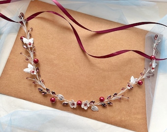 Bridal belt for wedding, Thin Burgundy Bridal Belt, Burgundy Wedding Sash Belt, Gold Leaf Wedding Belt, Bridesmaids Belt, Bridal Shower Belt