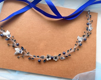 Bridal belt for wedding, Thin Navy blue Bridal Belt, Dark blue Wedding Sash Belt, Leaf Wedding Belt, Bridesmaids Belt, Bridal Shower Belt