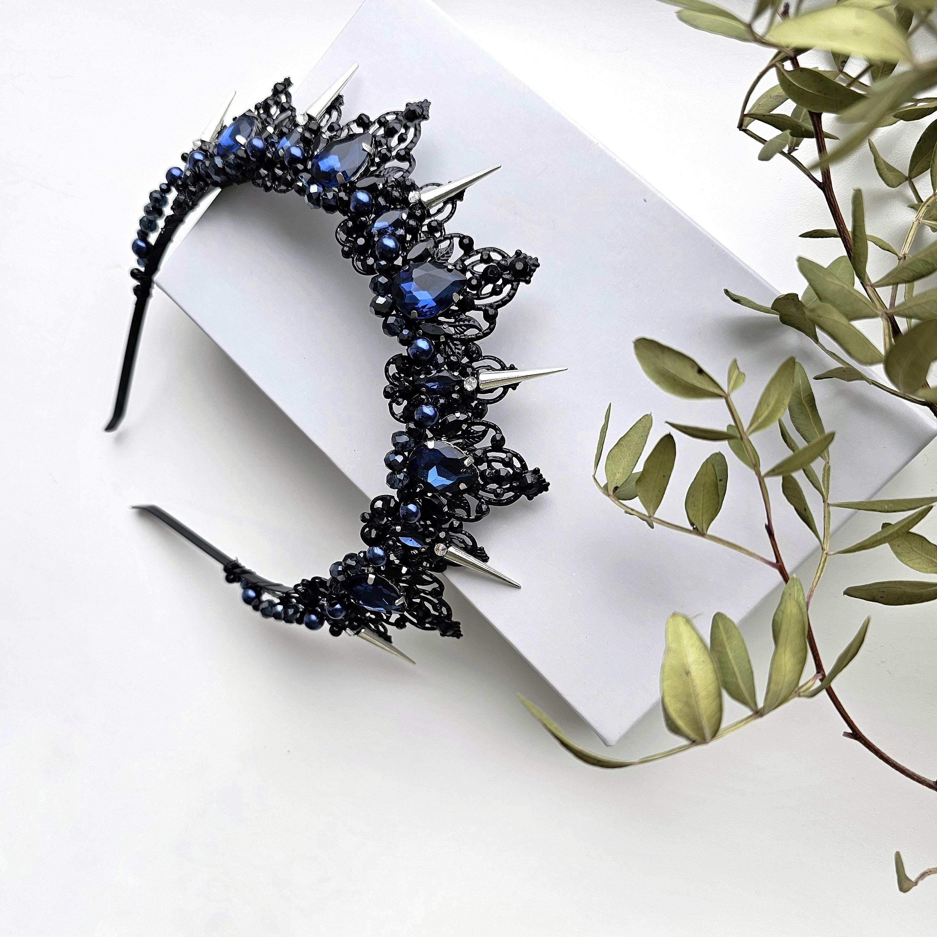 Black Navy Blue Crystal Crown, Black Wedding Crown, Gothic 