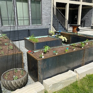 May include: A set of raised garden beds made of rusted metal, with a variety of plants growing in them. The beds are arranged in a U-shape and are surrounded by a stone border.