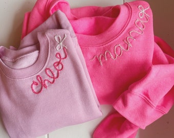 Adult hot pink bow sweatshirt- hand stitched sweatshirt hand-embroidered neckline