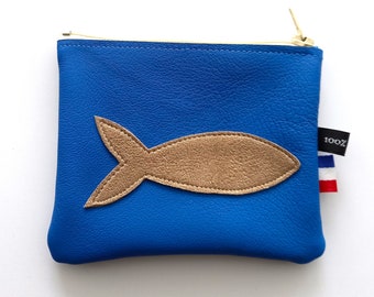 Porte monnaie zippé poisson en cuir - Fait main