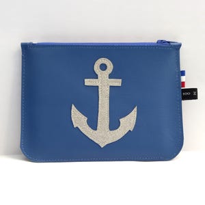 Pochette plate zippée ancre en cuir - Fait main