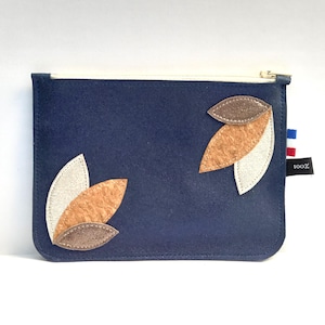 Pochette plate zippée feuilles en cuir - Fait main