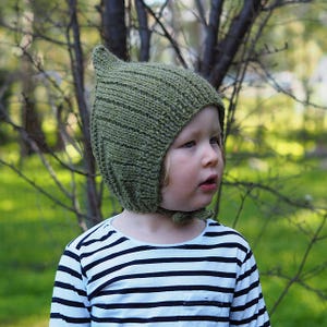 Puede incluir: Un gorro de duende verde tejido con una punta. El sombrero está hecho de hilo texturizado y tiene lazos debajo de la barbilla. El niño lleva una camiseta a rayas blancas y negras. El fondo está borroso con tonos verdes y marrones.