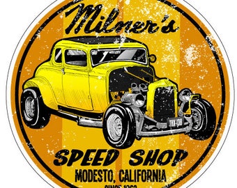 Milner&#39;s Speed Shop Vintage Reproduction Drag Racing Hot Rod full color Vinyl Bumper Sticker Decal