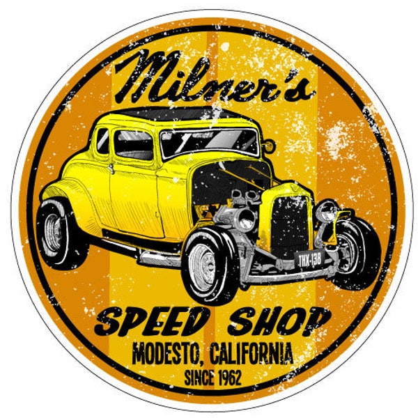 Milner's Speed Shop Vintage Reproduction Drag Racing Hot Rod full color Vinyl Bumper Sticker Decal