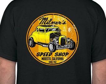 Milner&#39;s Speed Shop American Graffiti auto drag racing hot rat rod black or white Short Sleeve T-Shirt