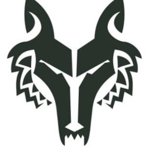 Könnte beinhalten: Ein stilisierter schwarzer Wolfskopf mit weißem Umriss. Die Augen des Wolfes sind geschlossen und sein Maul ist in einem Knurren geöffnet. Das Fell des Wolfes ist mit einer Reihe von Zackenlinien dargestellt.