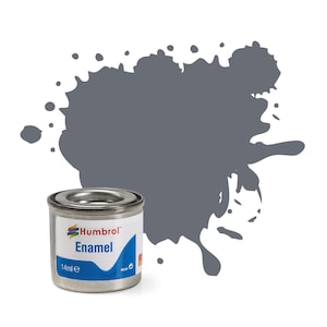 May include: A small, silver paint can with the word "Enamel" printed on the label, next to a gray paint splatter. The can has a silver lid and contains 14ml of paint. The brand name "Humbrol" is also visible on the label.