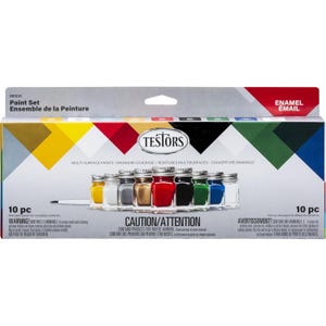 May include: A set of 10 Testors Enamel paint bottles in a variety of colors, including yellow, white, silver, gold, red, black, green, blue, and dark blue. The bottles are arranged in a row on a white background. The packaging says "Multi-Surface Paints - Maximum Coverage".