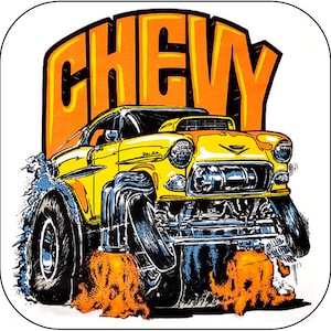 May include: A yellow vintage car with flames coming out of the exhaust pipes. The car has a black and orange "CHEVY" graphic above it.