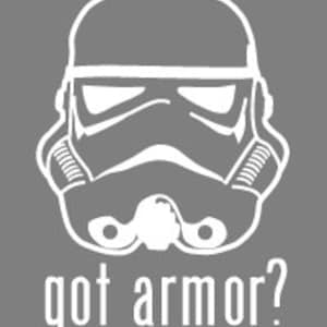 Puede incluir: Una silueta blanca de un casco de Stormtrooper de Star Wars con el texto "got armor?" debajo.
