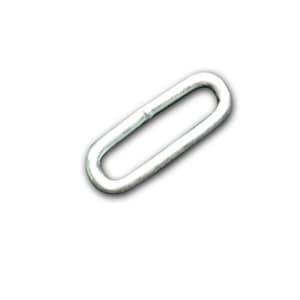 May include: A silver oval-shaped metal ring, also known as a jump ring, used for connecting jewellery pieces.