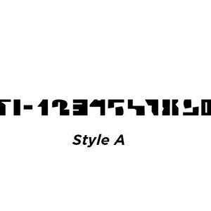 May include: A black and white image showing the numbers 0-9 in a bold, blocky font style labeled "Style A".