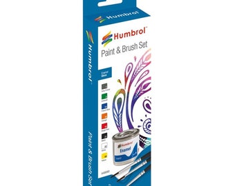 Humbrol Gloss Enamel Paint & Brush Set AA9060 Grey Primer Emerald French Blue Orange Bright Red Black White Yellow