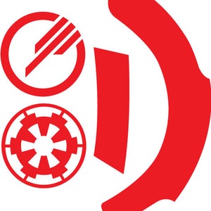 May include: Red and white graphic design with three symbols. The first symbol is a circle with a diagonal line through it. The second symbol is a circle with a star inside. The third symbol is a curved shape that resembles a crescent moon.