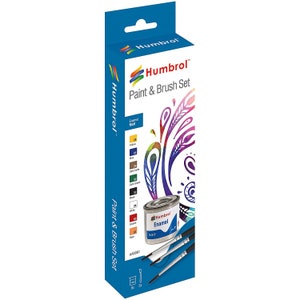 Humbrol mat emailverf en penseel set AA9061 Geel blauw donker aarde donkergroen zwart wit scharlaken vlees