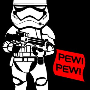 May include: A white cartoon Stormtrooper holding a blaster rifle with a red flag that says "PEW! PEW!"