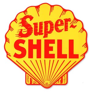 May include: A yellow seashell with a red "Super Shell" logo. The logo is in a stylized font with a red outline.