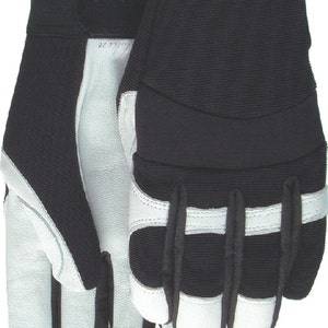 May include: A pair of black and white work gloves with a reinforced palm and fingertips. The gloves have a black knit cuff and a white leather palm.