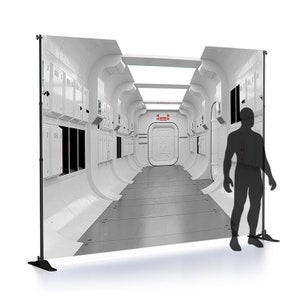 May include: A white backdrop with a photorealistic image of a spaceship hallway. The hallway is white with a gray floor and a large door at the end. The backdrop is designed for use with a backdrop stand.
