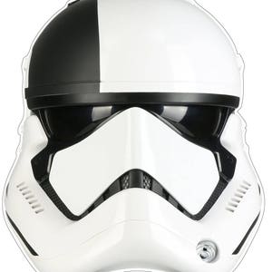 May include: A white and black Stormtrooper helmet with a black visor. The helmet has a black stripe across the top and a black detail on the side.