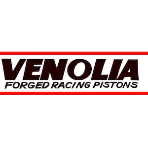 May include: A red rectangular border surrounds the black text "VENOLIA FORGED RACING PISTONS".