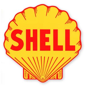 May include: A yellow seashell with a red outline and the word "SHELL" in red letters.