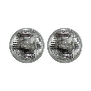 May include: Two round, silver, car headlights with a clear glass lens.