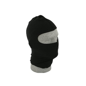 May include: A black balaclava with a single eye hole opening. The balaclava is made of a soft, stretchy fabric.