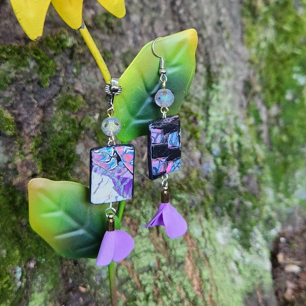 Lavender Flower Earrings, Purple Blue Pink Black White Accent Chameleon Bead Earring Jewelry Double Side Two Designs Clip On Pierced Hook