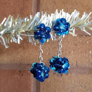 Blue Sequin Earrings, Seed Bead Silver Chain Dangling Earring Jewelry, Homemade for All Occasions Pierced Post/Stud or Non Pierced Clip On