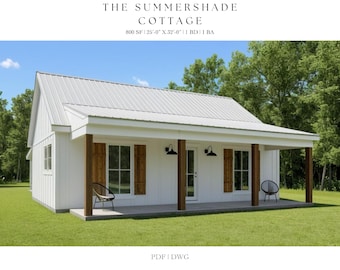 Casa pequeña de 800 pies cuadrados, 32&#39;-0&quot; x 25&#39;-0&quot;, estilo cabaña, planos de planta, casa de campo moderna, planos arquitectónicos, rancho, 1 dormitorio, 1 baño, planos de vivienda