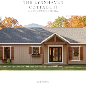 May include: Exterior view of a tan-colored cottage with a gray roof. The cottage has brown shutters, a front porch, and a double door. The text "THE LYNNHAVEN COTTAGE II" is at the top of the image, along with the dimensions.