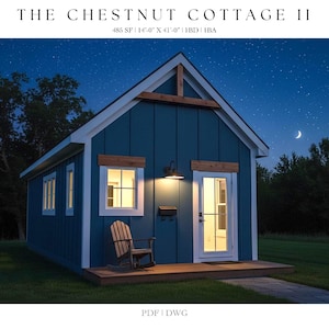 May include: A digitally rendered image of a small cottage at night. The cottage has blue siding, white trim, and a wooden porch. A rocking chair sits on the porch. The night sky is visible with a crescent moon and stars. The text "THE CHESTNUT COTTAGE II" is at the top.