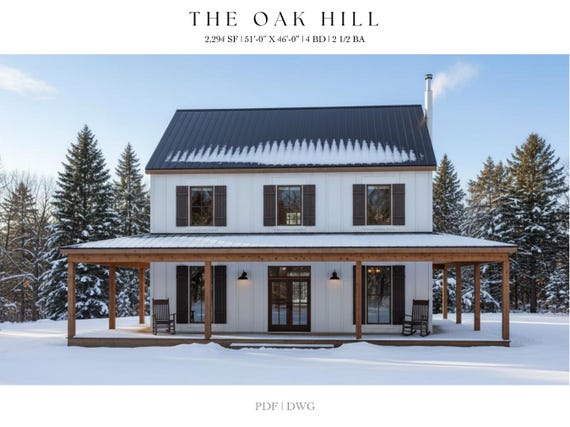 2,294 SQ FT Modern Farm House, 51'-0" x 46'-0", Cottage Floor Plans, Architectural Plans, 4 Bedrooms, 2 1/2 Bathroom, Home Plans, Cabin,Home