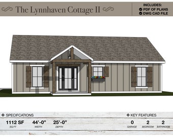 1,112 SQ FT Ranch House, 44'-0" X 25'-0", Floor Plans, Architectural Plans, Modern Farmhouse, 2 Bedroom, 2 Baths, Home Plans, Cottage