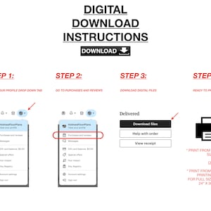 May include: A step-by-step guide on how to download digital files from Etsy. The image shows a computer screen with a profile drop-down menu, a purchases and reviews section, and a download files button. The final step shows a printer icon with instructions to print from home or a local printing shop.